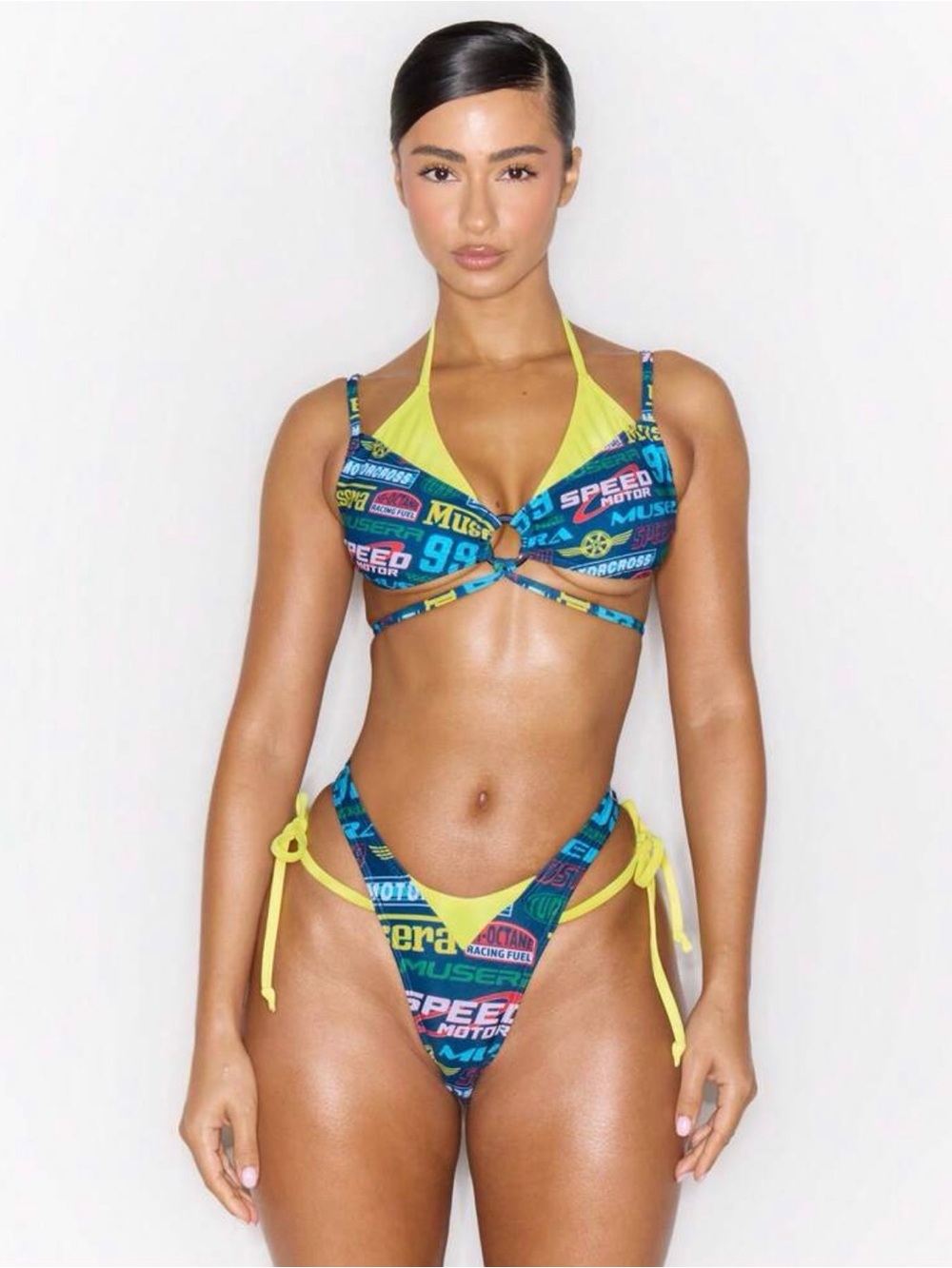 Neon Yellow & Blue Graphic Tie-Side Women's Bikini